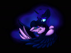 Size: 2000x1500 | Tagged: safe, artist:hieronymuswhite, nightmare moon, twilight sparkle, twilight sparkle (alicorn), alicorn, pony, fangs, female, flower, flower in hair, hug, lesbian, mare, one eye closed, shipping, smiling, twimoon