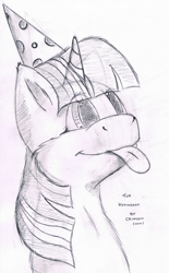 Size: 1194x1927 | Tagged: safe, artist:crimson, twilight sparkle, :p, bust, cute, fluffy, hat, looking up, monochrome, party hat, portrait, sketch, smiling, solo, tongue out