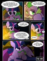 Size: 1275x1650 | Tagged: safe, artist:dsana, spike, twilight sparkle, twilight sparkle (alicorn), alicorn, dragon, pony, comic:to look after, baby, baby dragon, book, candlelight, comic, cute, female, hug, male, mama twilight, mother and child, parent and child, sleeping, spikabetes, spikelove, twiabetes, winghug, z