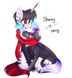 Size: 1945x2098 | Tagged: safe, artist:minelvi, artist:ohhoneybee, oc, oc only, oc:cloudy night, pegasus, pony, unicorn, blushing, clothes, female, heterochromia, mare, scarf, scrunchy face