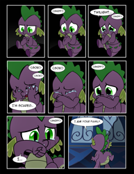 Size: 1275x1650 | Tagged: safe, artist:dsana, spike, dragon, comic:to look after, comic, crying, dialogue, eyes closed, hug, open mouth, sad, sitting, solo, tail hug, woobie