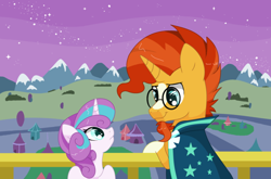 Size: 600x396 | Tagged: safe, artist:mlpdarksparx, princess flurry heart, sunburst, balcony, crystal empire, duo, eye contact, knowing, looking at each other, mountain, mountain range, night, night sky, smiling, stars, uncle sunburst