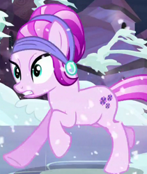 Size: 450x533 | Tagged: safe, screencap, amethyst shard, crystal pony, pony, the crystalling, background pony, cropped, female, mare, running, snow, solo