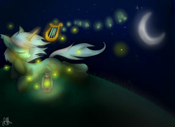 Size: 1600x1167 | Tagged: safe, artist:lycania29, lyra heartstrings, firefly (insect), pony, unicorn, crescent moon, eyes closed, firefly lamp, lantern, lyre, magic, moon, music, music notes, musical instrument, night, playing, prone, solo, telekinesis, windswept mane