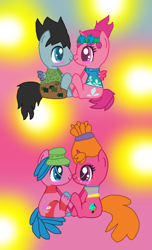 Size: 957x1569 | Tagged: safe, artist:mixelfangirl100, oc, oc only, alicorn, earth pony, pegasus, pony, unicorn, colored pupils, cooper, dj suki, dreamworks trolls, ponified, poppy, tree branch, trolls