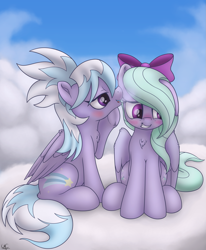 Size: 1641x1995 | Tagged: safe, artist:uncannycritter, cloudchaser, flitter, pegasus, pony, blushing, both cutie marks, chest fluff, cloud, cute, female, grin, mare, sitting, smiling, underhoof, whispering