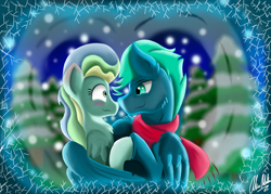 Size: 2100x1500 | Tagged: safe, artist:alecace445, sky stinger, vapor trail, blushing, clothes, holding hooves, hug, male, romantic, scarf, shipping, snow, straight, vaporsky, winghug