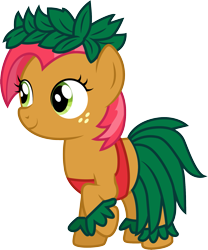 Size: 1501x1805 | Tagged: safe, artist:cloudyglow, babs seed, earth pony, pony, adorababs, clothes, clothes swap, cosplay, costume, crossover, cute, disney, female, filly, foal, freckles, grass skirt, lilo and stitch, lilo pelekai, midriff, one hoof raised, raised hoof, simple background, smiling, solo, standing, transparent background