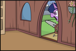 Size: 874x584 | Tagged: safe, artist:jittery-the-dragon, twilight sparkle, twilight sparkle (alicorn), alicorn, pony, chainsaw, comic, out of context, solo