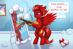 Size: 1500x1000 | Tagged: safe, artist:confetticakez, oc, oc only, pegasus, pony, bipedal, bow (instrument), james blunt, male, mirror, reflection, solo, stallion, violin, violin bow