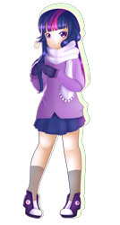 Size: 1628x3039 | Tagged: safe, artist:clefficia, twilight sparkle, human, clothes, converse, cute, female, gloves, humanized, scarf, shoes, simple background, skirt, sneakers, socks, solo, transparent background, twiabetes