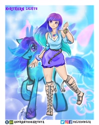 Size: 2850x3580 | Tagged: safe, artist:aspirantedeartista, oc, oc only, oc:northern lights, pegasus, pony, equestria girls, art trade, clothes, cute, equestria girls-ified, hair over one eye, human ponidox, open mouth, raised hoof, sandals, self ponidox, signature, skirt, solo