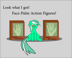 Size: 1577x1263 | Tagged: safe, artist:planetkiller, lyra heartstrings, pony, action figure, chest fluff, facepalm, facial hair, hand, looking at you, pun, wat, why