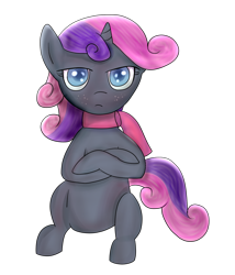 Size: 1024x1194 | Tagged: safe, artist:restartbob, sweetie belle, oc, oc only, oc:second quill, mane swap, simple background, solo, transparent background, unamused