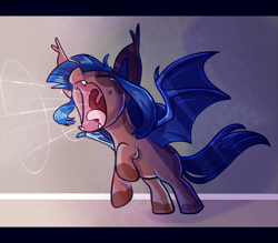 Size: 700x614 | Tagged: safe, artist:vampireselene13, oc, oc only, oc:eventide everlight, bat pony, pony, crying, ear tufts, eeee, eyes closed, fangs, female, filly, open mouth, raised hoof, rearing, screaming, screech, shout, skree, solo, spread wings, tongue out, uvula, wings