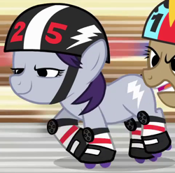 Size: 477x474 | Tagged: safe, screencap, bolt (character), hairpin turn, pony, background pony, frown, glare, helmet, open mouth, raised hoof, raised leg, roller skates, smirk, solo focus