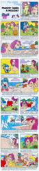 Size: 626x2724 | Tagged: safe, artist:heckyeahponyscans, peachy, posey, twinkles, cat, elf, mermaid, comic:my little pony (g1), g1, apology, bandeau, beach, bow, brought to life, carriage, chase, combing, comic, early closing, hair styling, hat, heart, holiday, magic, midriff, official, peachy takes a holiday, picnic, sally starfish, sand, sand shaper, sea defences, starfish, tail bow, the great wave off kanagawa, tsunami, wall, wave
