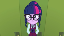 Size: 854x480 | Tagged: safe, screencap, sci-twi, twilight sparkle, equestria girls, friendship games, clothes, crystal prep academy uniform, glasses, hands behind back, looking at you, magic capture device, school uniform, smiling