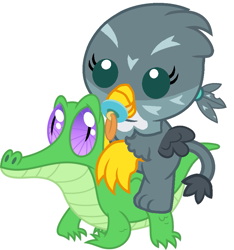 Size: 811x867 | Tagged: safe, artist:red4567, gabby, gummy, griffon, the fault in our cutie marks, baby, chick, chickub, cub, cute, gabbybetes, griffons riding gators, pacifier, red4567 is trying to murder us, riding, weapons-grade cute, younger