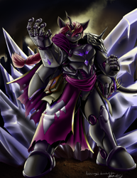 Size: 3400x4400 | Tagged: safe, artist:aphexangel, oc, oc only, oc:busy buzz, anthro, changeling, changeling queen, plantigrade anthro, absurd resolution, armor, book, changeling queen oc, crystal, female, helmet, power armor, purple changeling, solo