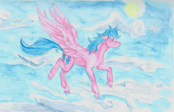 Size: 2287x1477 | Tagged: safe, artist:fullmoondagger, firefly, pegasus, pony, g1, cloud, flying, sky, smiling, solo, sun, traditional art, wings