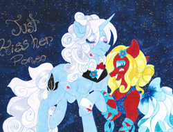 Size: 1048x800 | Tagged: safe, artist:frozensoulpony, oc, oc only, oc:somber soliloquy, oc:sweet bailey, bowtie, clothes, dress, male, oc x oc, offspring, offspring shipping, parent:applejack, parent:jet set, parent:trixie, parent:unnamed oc, parents:applejet, parents:canon x oc, shipping, straight, traditional art