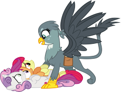 Size: 4692x3578 | Tagged: safe, artist:ironm17, apple bloom, gabby, scootaloo, sweetie belle, griffon, pony, the fault in our cutie marks, absurd resolution, bag, cutie mark, cutie mark crusaders, female, filly, happy, scared, simple background, smiling, the cmc's cutie marks, transparent background, vector