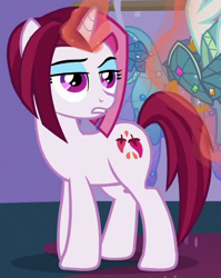 Size: 378x475 | Tagged: safe, screencap, cayenne, pony, unicorn, canterlot boutique, eyeshadow, female, frown, gritted teeth, levitation, magic, makeup, mare, posh pony, raised eyebrow, solo, telekinesis