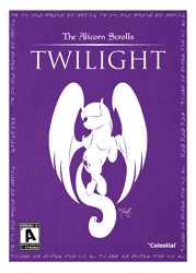 Size: 714x1000 | Tagged: safe, artist:midnightsix3, twilight sparkle, twilight sparkle (alicorn), alicorn, pony, box art, parody, silhouette, solo, spread wings, the alicorn scrolls: skyrim, the elder scrolls