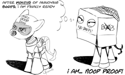 Size: 1499x899 | Tagged: safe, artist:chopsticks, oc, oc only, oc:chopsticks, pegasus, pony, armor, boop, cardboard box, clothes, hat, male, monochrome, solo, stallion, text, visor