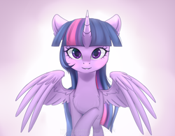 Size: 2476x1928 | Tagged: safe, artist:mp-printer, twilight sparkle, twilight sparkle (alicorn), alicorn, pony, beautiful, female, gradient background, horn, looking at you, mare, smiling, solo, spread wings, wings