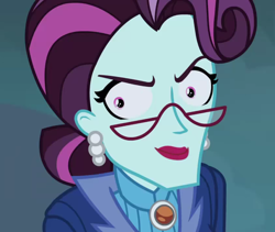 Size: 898x758 | Tagged: safe, edit, edited screencap, screencap, principal abacus cinch, equestria girls, friendship games, crazy eyes, ear piercing, earring, faic, glasses, i see what you did there, inverted mouth, jewelry, looking at you, piercing, psycho, rapeface, solo