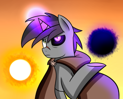 Size: 2284x1855 | Tagged: safe, artist:radek1212, shadow lock, pony, unicorn, spoiler:comic51, black sclera, cloak, clothes, frown, glare, glowing eyes, glowing horn, gradient background, magic, scar, slit eyes, solo