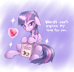 Size: 836x821 | Tagged: safe, artist:mlpanon, part of a set, twilight sparkle, twilight sparkle (alicorn), alicorn, pony, book, chocolate, cute, floppy ears, food, looking at you, magic, sitting, solo, telekinesis, twiabetes, valentine, valentine's day