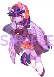 Size: 1024x1444 | Tagged: safe, artist:fishnoel, twilight sparkle, twilight sparkle (alicorn), alicorn, pony, book, chest fluff, clothes, coat, cute, earmuffs, jacket, pleated skirt, school uniform, shirt, shoes, simple background, skirt, socks, solo, watermark