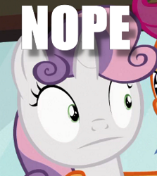 Size: 250x280 | Tagged: safe, edit, edited screencap, screencap, sweetie belle, pony, unicorn, twilight time, :, image macro, meme, nope, reaction image, solo focus