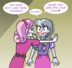 Size: 400x379 | Tagged: safe, artist:crydius, silver spoon, sweetie belle, equestria girls, blouse, blushing, bracelet, braid, clothes, dress, female, flirting, glasses, jewelry, kabedon, lesbian, mouth hold, necklace, pick up line, shipping, silverbelle, skirt, smooth as fuck