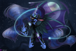 Size: 6000x4000 | Tagged: safe, artist:midnight-auralipse, nightmare moon, alicorn, pony, absurd resolution, chest fluff, floppy ears, flying, moon, solo