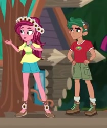 Size: 359x429 | Tagged: safe, screencap, gloriosa daisy, timber spruce, equestria girls, legend of everfree, boots, clothes, flower, flower in hair, hand on hip, shorts, socks