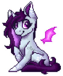 Size: 556x670 | Tagged: safe, artist:reavanna, oc, oc only, oc:starlit flare, bat pony, pony, animated, artificial wings, augmented, barely animated, floating wings, gif, magic, magic wings, pixel art, raised hoof, simple background, sitting, solo, transparent background, watermark, wings