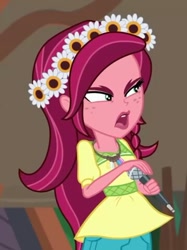 Size: 359x480 | Tagged: safe, screencap, gloriosa daisy, equestria girls, legend of everfree, angry, flower, flower in hair, magical geodes, microphone