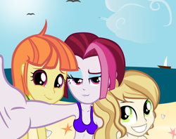 Size: 3410x2702 | Tagged: safe, artist:ironm17, cayenne, citrus blush, sweet biscuit, equestria girls, beach, clothes, duckface, equestria girls-ified, selfie, swimsuit, trio