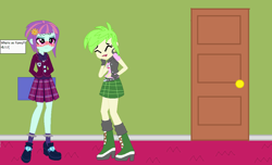 Size: 1052x639 | Tagged: safe, artist:sugarskullfangirl, cherry crash, sunny flare, equestria girls, blushing, boots, cherry, clothes, dialogue, ear piercing, earring, female, fingerless gloves, food, gloves, high heel boots, jewelry, laughing, piercing, story included, unamused