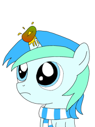 Size: 1200x1600 | Tagged: safe, artist:toyminator900, oc, oc only, oc:cyan lightning, pony, unicorn, clothes, colt, eyes on the prize, food, horn impalement, male, mango, scarf, silly, silly pony, simple background, solo, transparent background