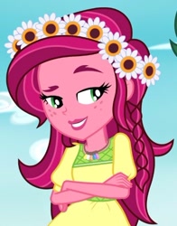 Size: 417x531 | Tagged: safe, screencap, gloriosa daisy, timber spruce, equestria girls, legend of everfree, cropped, crossed arms, geode of fauna, geode of shielding, geode of sugar bombs, geode of super speed, geode of super strength, magical geodes, offscreen character, smug, solo