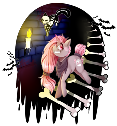 Size: 2671x2883 | Tagged: safe, artist:kattyusha, oc, oc only, oc:grim, bat, cat, bone, candle, skeleton, spooky