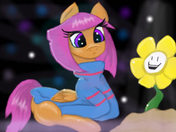 Size: 800x600 | Tagged: safe, scootaloo, cute, cutealoo, flowey, friskaloo, mashup, solo, undertale