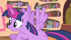 Size: 1920x1080 | Tagged: safe, screencap, twilight sparkle, twilight sparkle (alicorn), alicorn, pony, three's a crowd, animation error, golden oaks library, levitation, magic, pegasus wings, solo, telekinesis