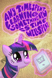 Size: 800x1200 | Tagged: safe, artist:1trick, twilight sparkle, book, glow, glowing horn, levitation, magic, motivational poster, solo, telekinesis, text