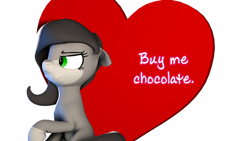 Size: 2560x1440 | Tagged: safe, artist:obsidianocelot, oc, oc only, oc:catherine, earth pony, pony, 3d, female, grumpy, mare, raised hoof, solo, valentine, valentine's day